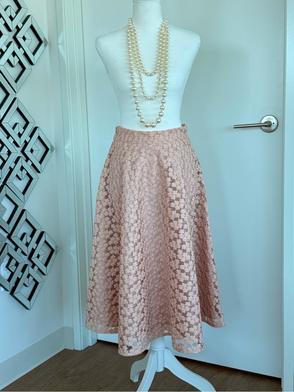 Women's Blush Pink Lace A-Line Midi Skirt